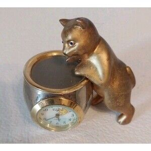 Vintage 90's Elgin Mini Cat Clock W/ Blue Gem Eyes Figurine Fishbowl Metal 2.5"